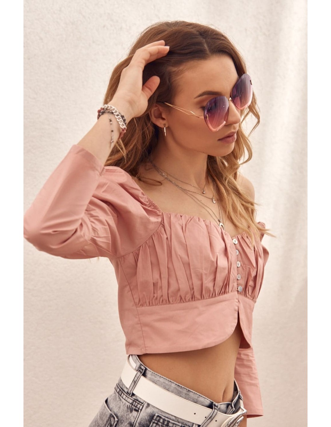 Bluza scurta cu decolteu inima, roz 4070 - Magazin online - Boutique